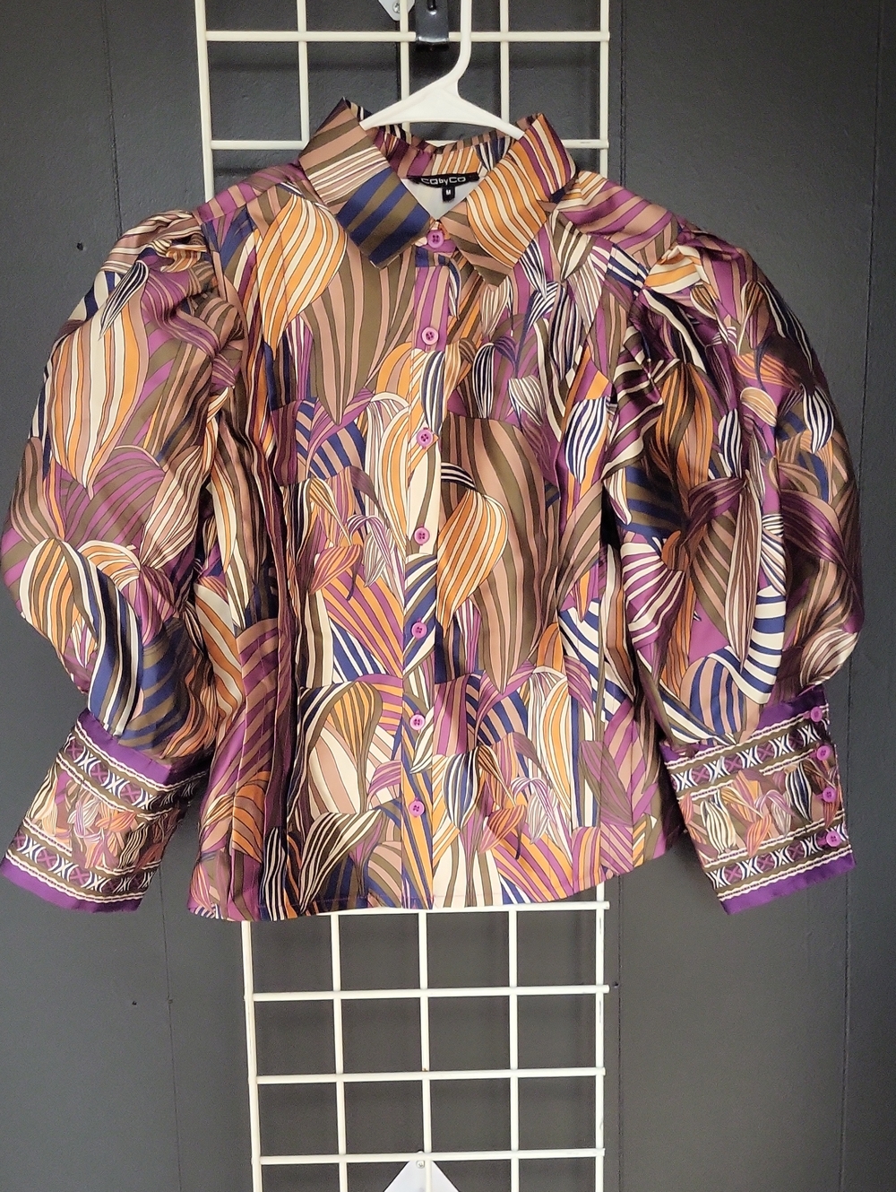 Cq By Cq Tropical Patterned Puff-Sleeve Button-Front Blouse - Purple/Tan, Size M